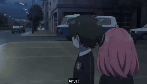 A Group Of People Standing On A Sidewalk With Anya Written On The Bottom GIF