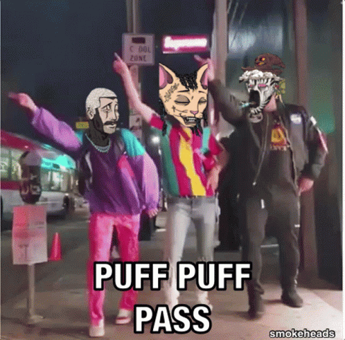 A Group Of People Standing On A Sidewalk With Puff Puff Pass On The Bottom GIF