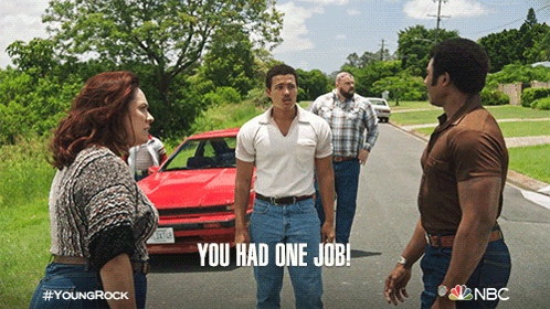 A Group Of People Standing On A Street With The Words You Had One Job Written On The Bottom GIF