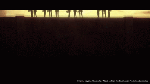 A Group Of People Standing On Top Of A Wall With The Words Attack On Titan The Final Season Production Committee Below T GIF