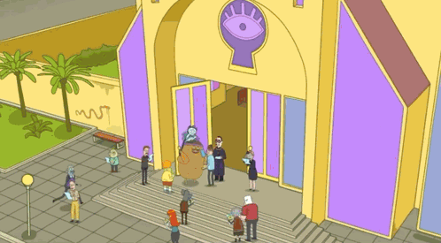 A Group Of People Standing Outside Of A Building With A Sign That Says Holy Coin GIF