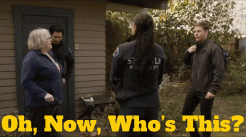 A Group Of People Standing Outside Of A House With The Words Oh Now Who 'S This On The Bottom GIF