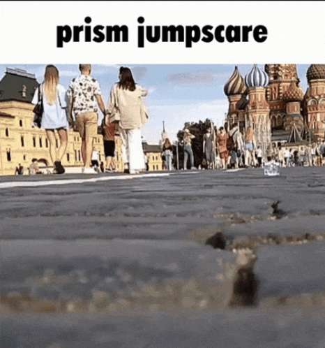 A Group Of People Walking Down A Street With The Words Prism Jumpscare On The Top GIF