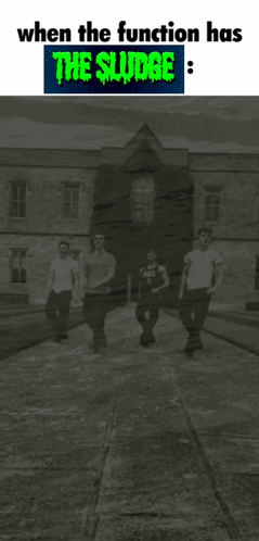a group of people walking in front of a building that says the sludge on it
