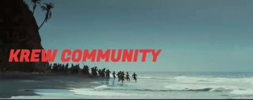 A Group Of People Walking On A Beach With The Words Krew Community On The Bottom GIF