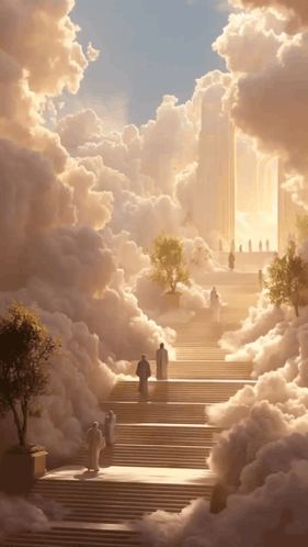 A Group Of People Walking Up A Set Of Stairs Surrounded By Clouds GIF