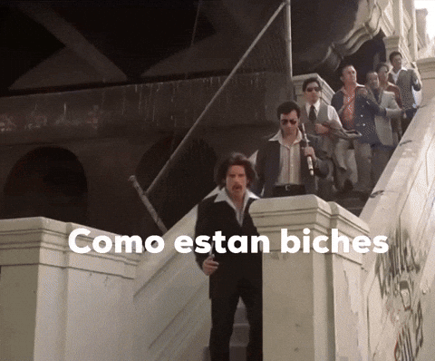 A Group Of People Walking Up Stairs With The Words Como Estan Biches Written On The Bottom GIF