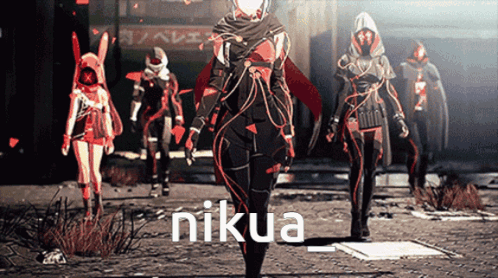 A Group Of People Walking With The Word Nikua On The Bottom GIF