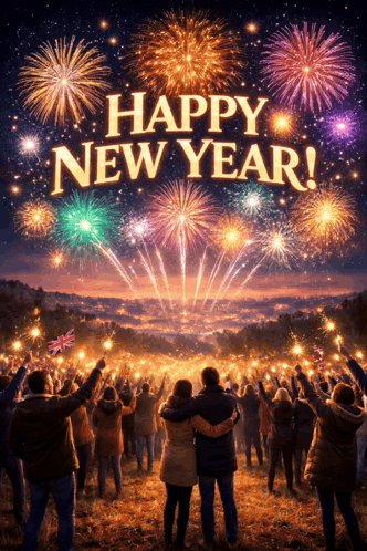 A Group Of People Watching Fireworks With The Words Happy New Year On The Bottom GIF