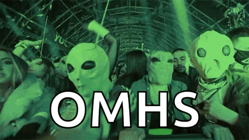 A Group Of People Wearing Alien Masks With Omhs Written In White Letters GIF