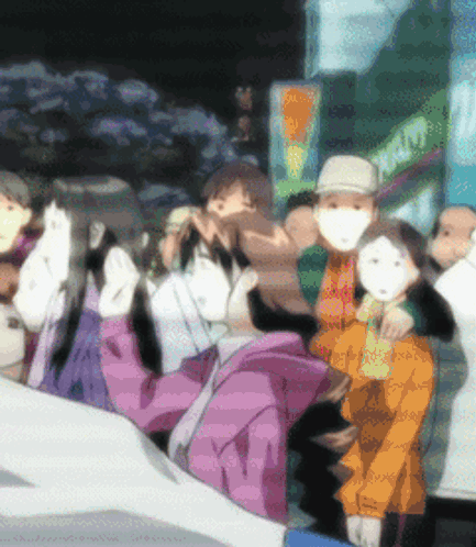 A Group Of People Wearing Face Masks Are Standing In Front Of A Store That Says ' Ice Cream ' On It GIF