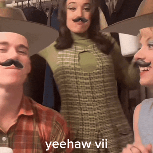 A Group Of People Wearing Fake Mustaches With Yeehaw Vii Written On The Bottom Right GIF