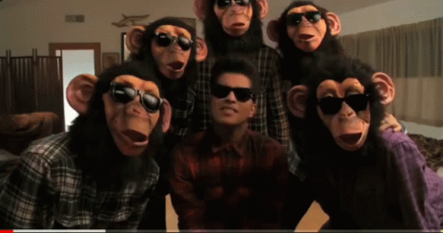 A Group Of People Wearing Monkey Masks And Sunglasses Pose For A Picture GIF