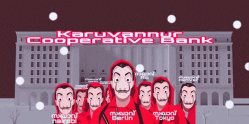 A Group Of People Wearing Red Masks Are Standing In Front Of A Building That Says Cooperative Bank GIF