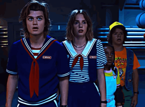 A Group Of People Wearing Sailor Outfits With One Of Them Having The Name Steve On His Chest GIF