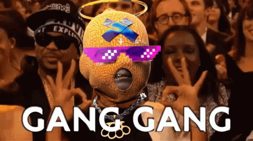 A Group Of People Wearing Sunglasses And A Mask With The Words Gang Gang Written Above Them GIF