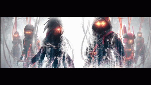 A Group Of People With Glowing Red Eyes Are Standing Next To Each Other On A White Background GIF
