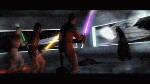 A Group Of People With Lightsabers In A Dark Room GIF