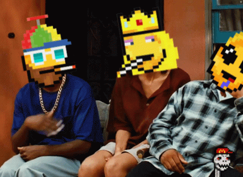 A Group Of People With Pixelated Faces On Their Heads Including One Wearing A Party Hat GIF