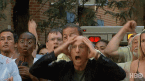 A Group Of People With Their Hands On Their Heads And The Word Hbo On The Bottom Left GIF