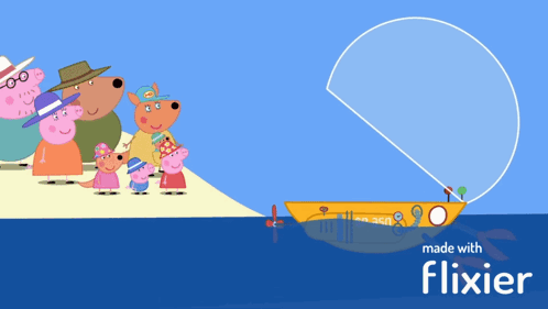 A Group Of Peppa Pig Characters Are Standing On A Beach Next To A Boat Made By Flixier GIF