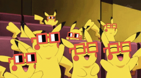 A Group Of Pikachu Wearing Red Glasses Are Sitting In A Theater GIF