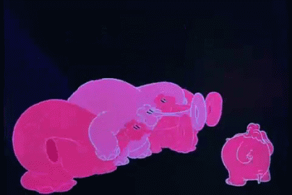 A Group Of Pink And Purple Elephants Playing Trumpets . GIF