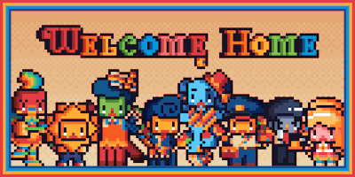 A Group Of Pixel Art Characters Are Standing In Front Of A Sign That Says Welcome Home GIF