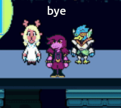 A Group Of Pixel Art Characters Standing Next To Each Other With The Word Bye In The Middle . GIF