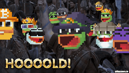 A Group Of Pixelated Characters With The Words Hooooold Written Below Them GIF