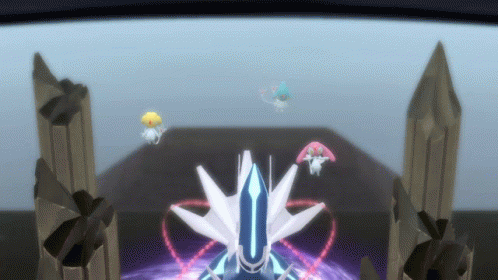 A Group Of Pokemon Are Flying Around A Huge Statue GIF