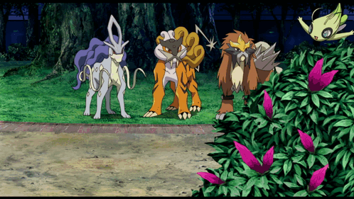 A Group Of Pokemon Are Standing In A Grassy Area GIF