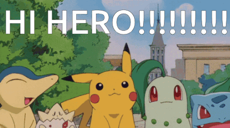 a group of pokemon standing next to each other with the words hi hero written on the bottom