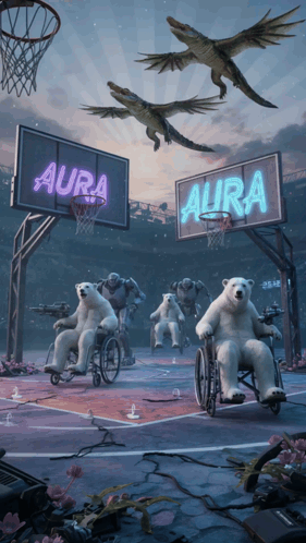 A Group Of Polar Bears Are Playing Basketball Under A Sign That Says Aura GIF