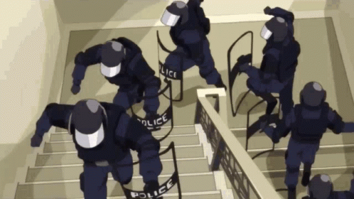 A Group Of Police Officers Running Down Stairs GIF