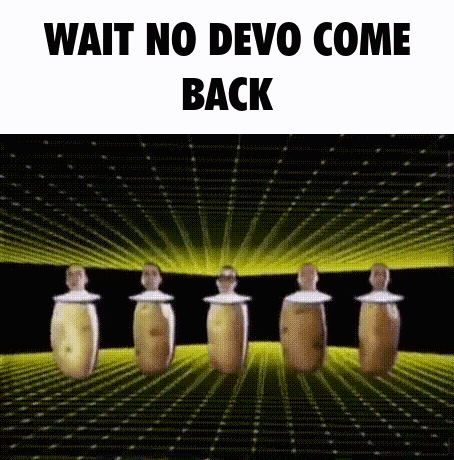 A Group Of Potatoes Are Standing Next To Each Other In A Row With The Words `` Wait No Devo Come Back '' . GIF