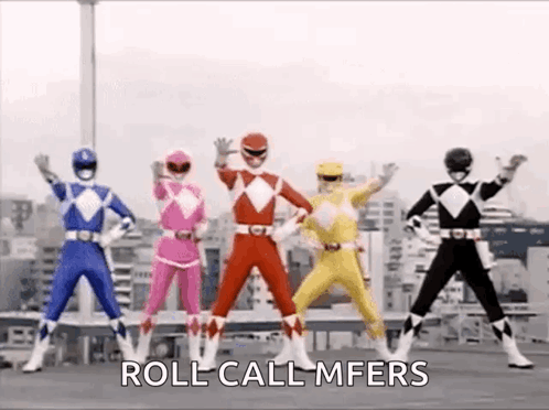 A Group Of Power Rangers Are Standing Next To Each Other In A Row . GIF
