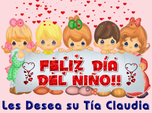A Group Of Precious Moments Children Holding A Sign That Says " Feliz Dia Del Niño " GIF