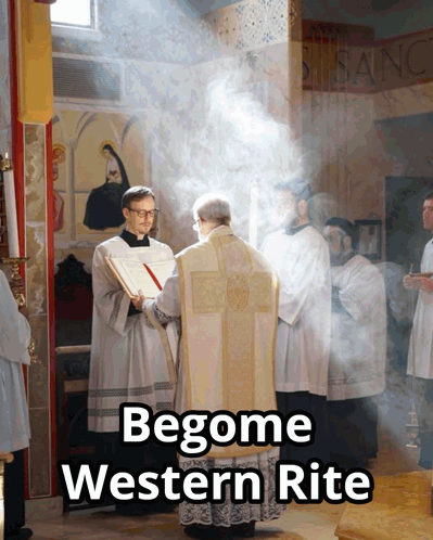 A Group Of Priests Are Gathered In A Church With The Words Begone Western Rite Written On The Bottom GIF