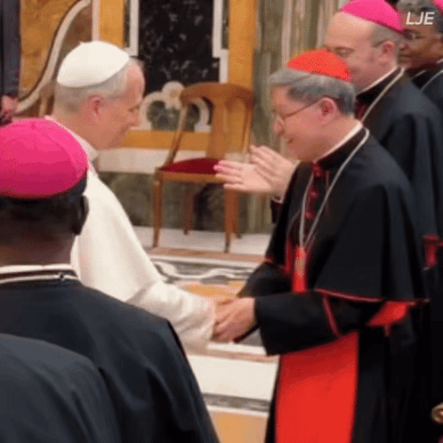 A Group Of Priests Wearing Purple Hats With The Letters Lje In The Corner GIF