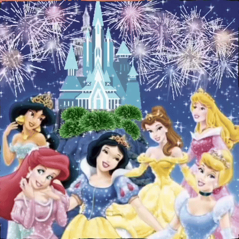 A Group Of Princesses Are Posing In Front Of A Castle And Fireworks GIF