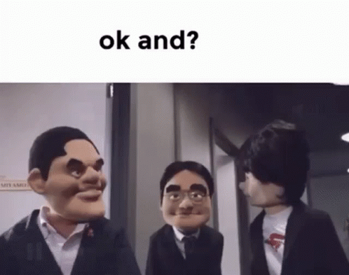A Group Of Puppet Men Are Standing Next To Each Other In A Hallway . GIF