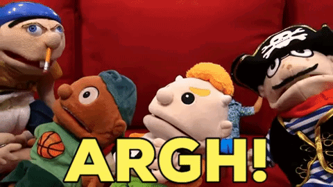 A Group Of Puppets Are Sitting On A Red Couch And The Word Argh Is Written In Yellow Letters GIF