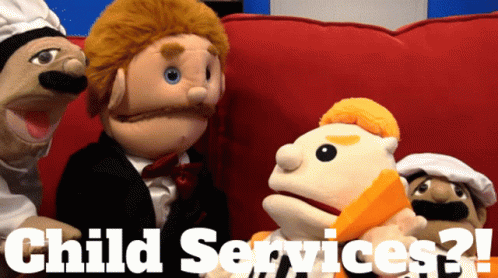 A Group Of Puppets Are Sitting On A Red Couch With The Words Child Services Written Above Them GIF