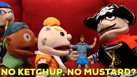 A Group Of Puppets Are Sitting On A Red Couch With The Words No Ketchup No Mustard Written In Yellow GIF
