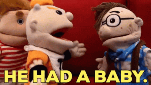 A Group Of Puppets Are Standing Next To Each Other With The Words He Had A Baby Written In Yellow GIF