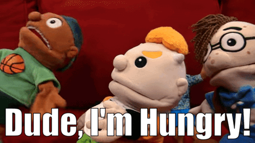 A Group Of Puppets With The Words Dude I 'M Hungry Written Above Them GIF