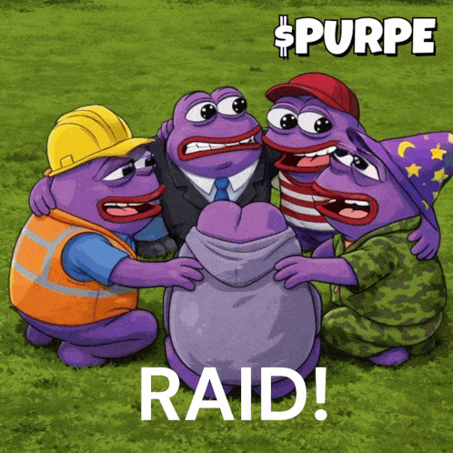 A Group Of Purple Frogs Are Hugging Each Other With The Words Raid Written On The Bottom GIF