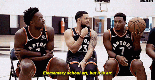 A Group Of Raptors Basketball Players Sitting In Chairs GIF