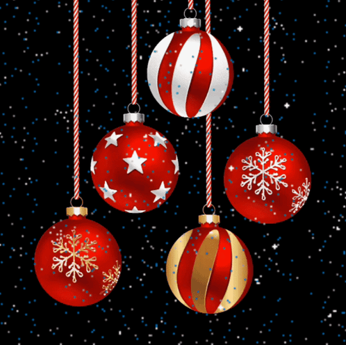 A Group Of Red And White Christmas Ornaments Hanging From Candy Canes GIF